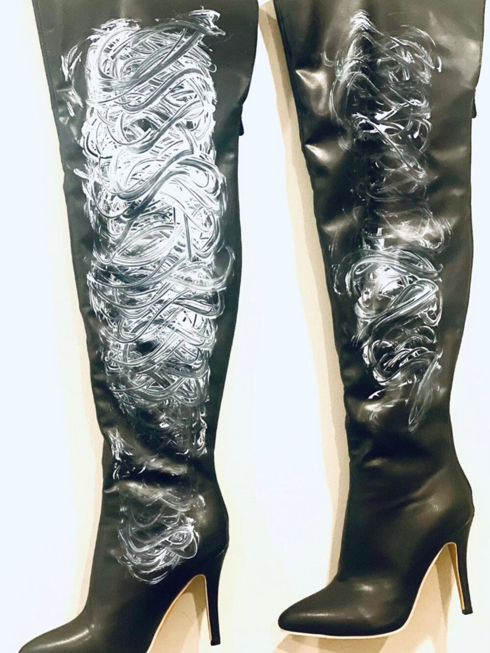 Hand-Painted White Swirl Over-the-Knee Stiletto Boots | LA Galerie — Size 8